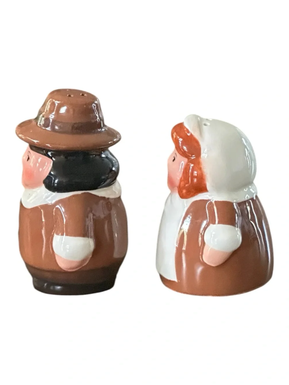 Brown Pilgrim Couple Ceramic Salt and Pepper Shakers - Thanksgiving Serveware